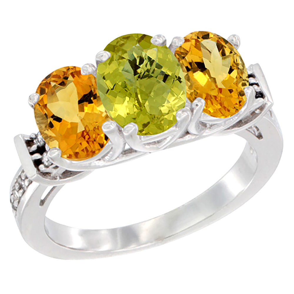 14K White Gold Natural Lemon Quartz &amp; Citrine Sides Ring 3-Stone Oval Diamond Accent, sizes 5 - 10