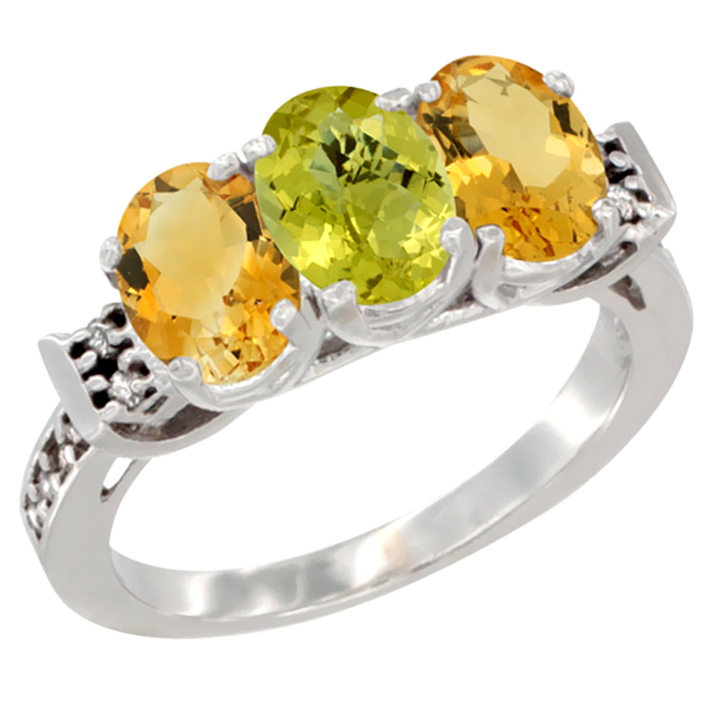 14K White Gold Natural Lemon Quartz &amp; Citrine Sides Ring 3-Stone 7x5 mm Oval Diamond Accent, sizes 5 - 10