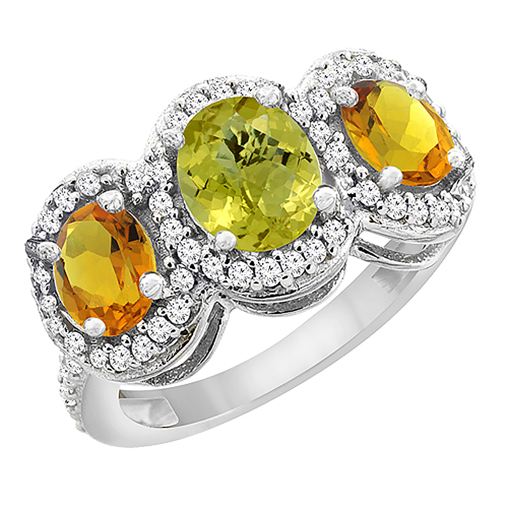 14K White Gold Natural Lemon Quartz &amp; Citrine 3-Stone Ring Oval Diamond Accent, sizes 5 - 10