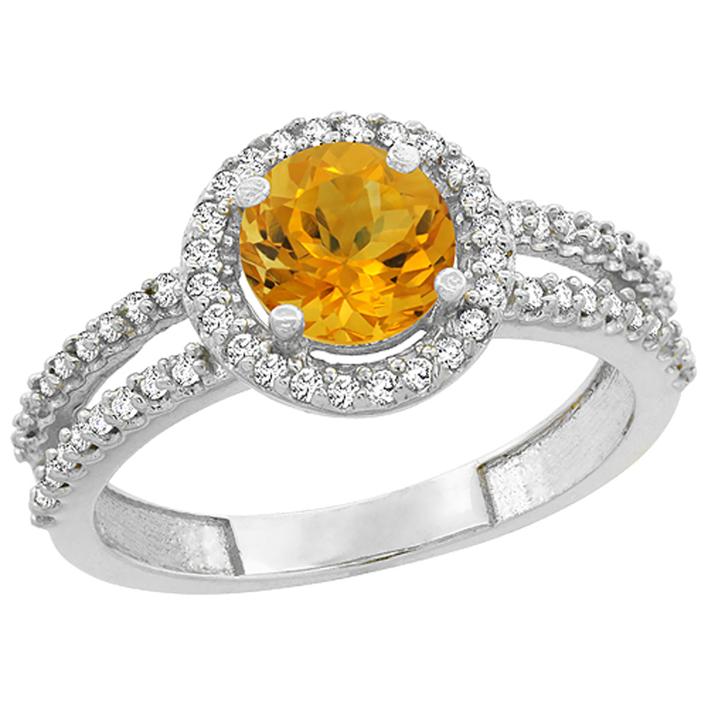 10K White Gold Natural Citrine Diamond Halo Ring Round 6mm, sizes 5 - 10