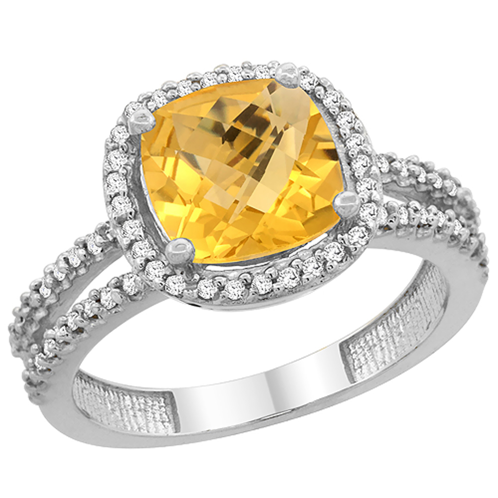 14K White Gold Natural Citrine Ring Cushion-cut 8x8 mm 2-row Diamond Accents, sizes 5 - 10