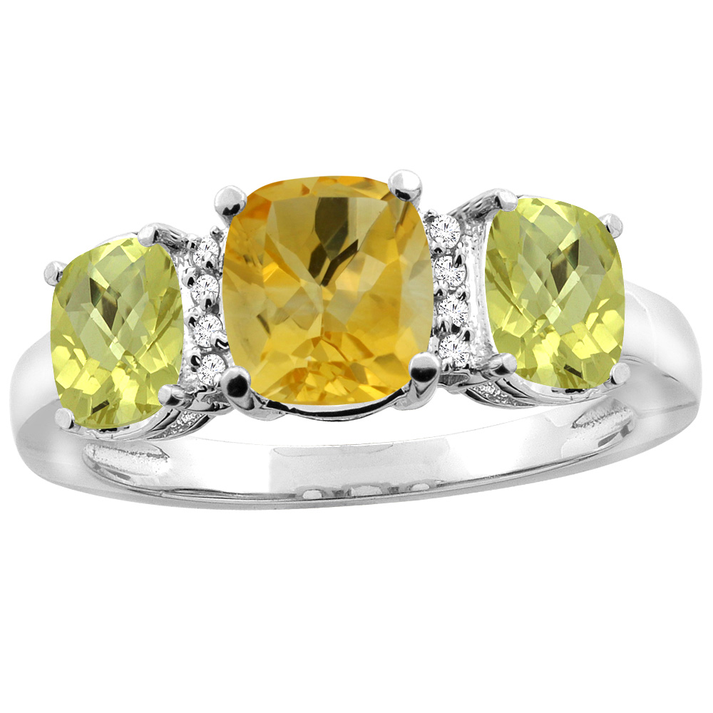 14K White Gold Natural Citrine & Lemon Quartz 3-stone Ring Cushion 8x6mm Diamond Accent, sizes 5 - 10