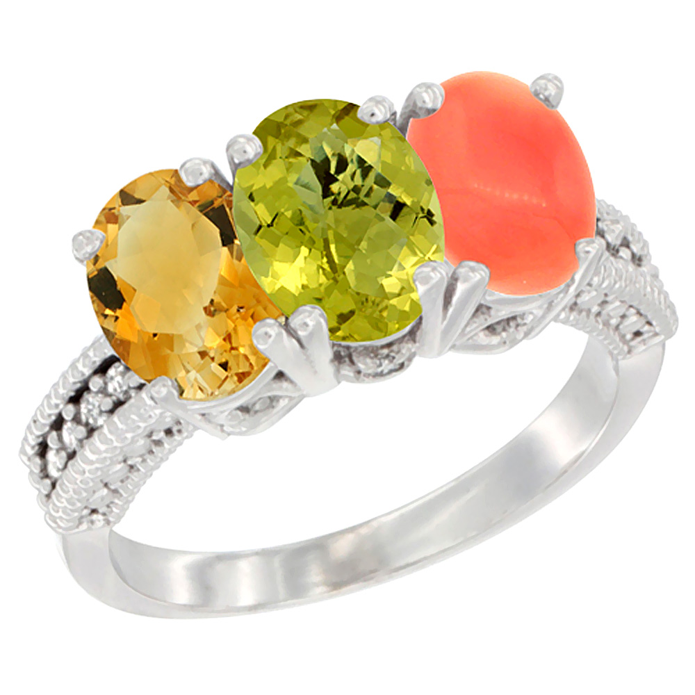 14K White Gold Natural Citrine, Lemon Quartz & Coral Ring 3-Stone 7x5 mm Oval Diamond Accent, sizes 5 - 10