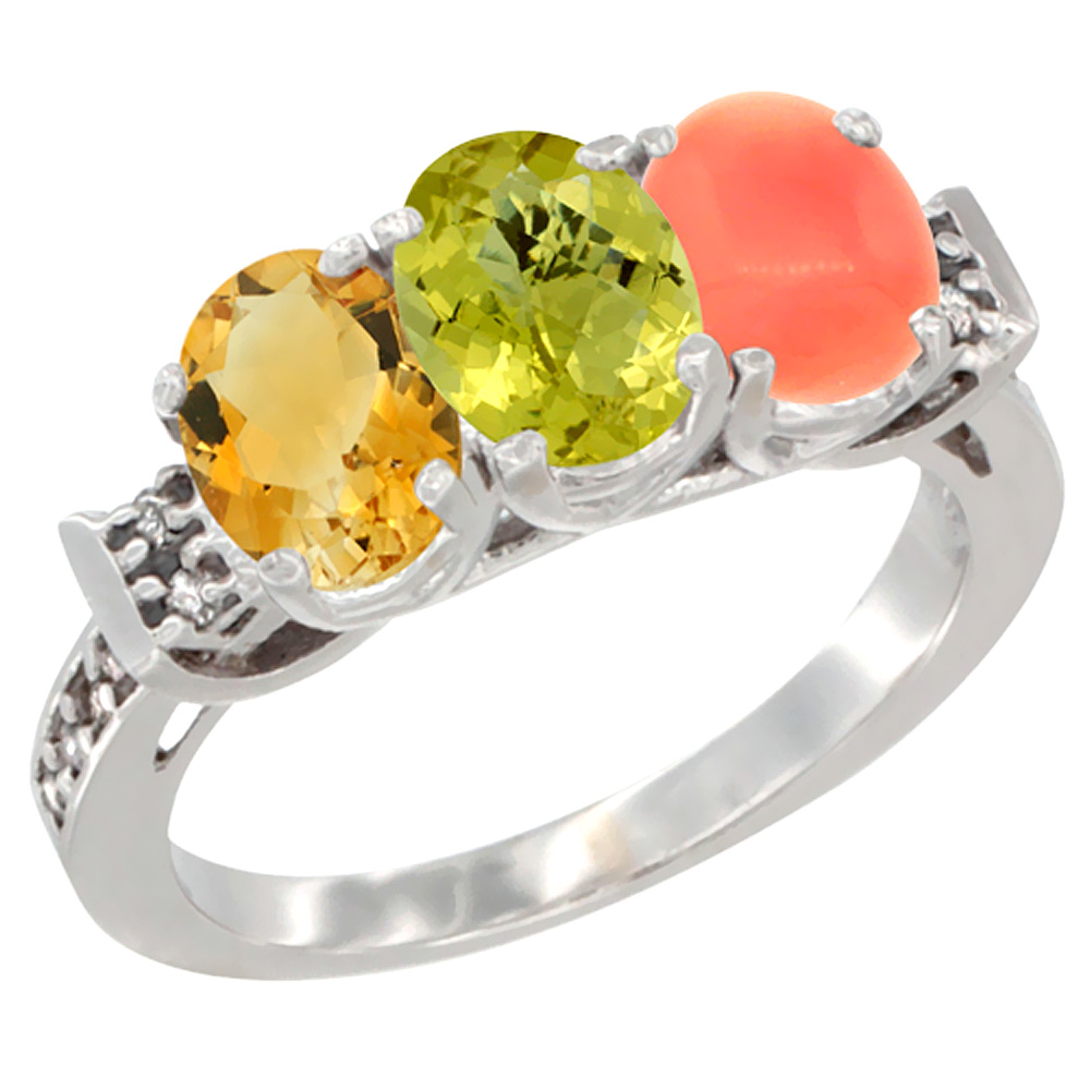 14K White Gold Natural Citrine, Lemon Quartz & Coral Ring 3-Stone 7x5 mm Oval Diamond Accent, sizes 5 - 10