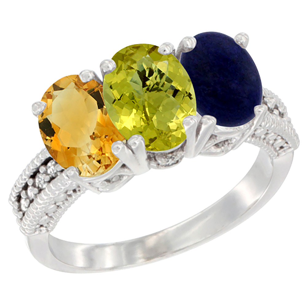 14K White Gold Natural Citrine, Lemon Quartz &amp; Lapis Ring 3-Stone 7x5 mm Oval Diamond Accent, sizes 5 - 10