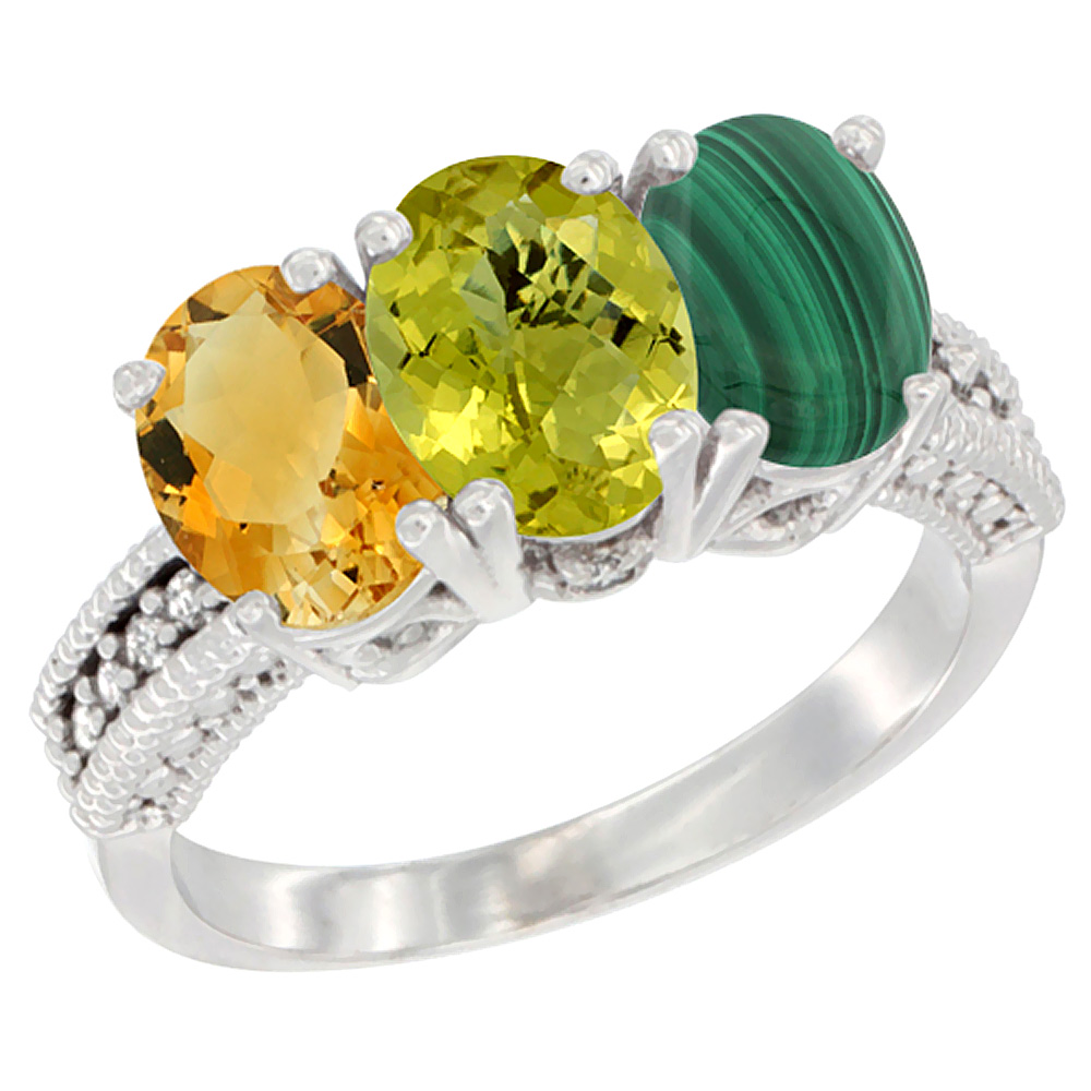 14K White Gold Natural Citrine, Lemon Quartz &amp; Malachite Ring 3-Stone 7x5 mm Oval Diamond Accent, sizes 5 - 10