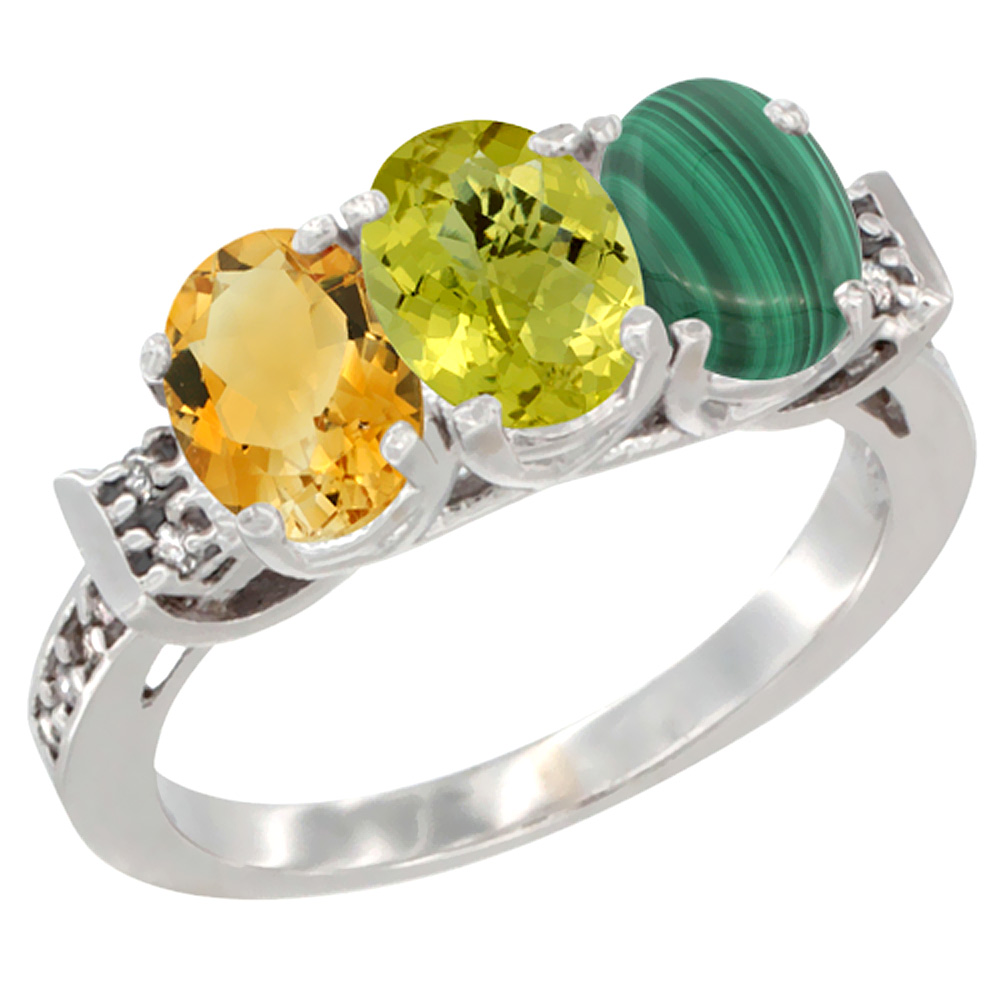 10K White Gold Natural Citrine, Lemon Quartz &amp; Malachite Ring 3-Stone Oval 7x5 mm Diamond Accent, sizes 5 - 10