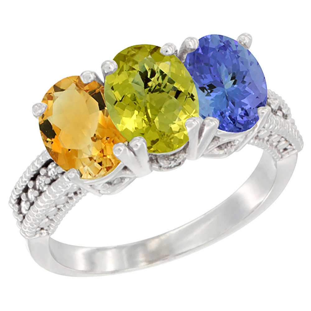 14K White Gold Natural Citrine, Lemon Quartz & Tanzanite Ring 3-Stone 7x5 mm Oval Diamond Accent, sizes 5 - 10