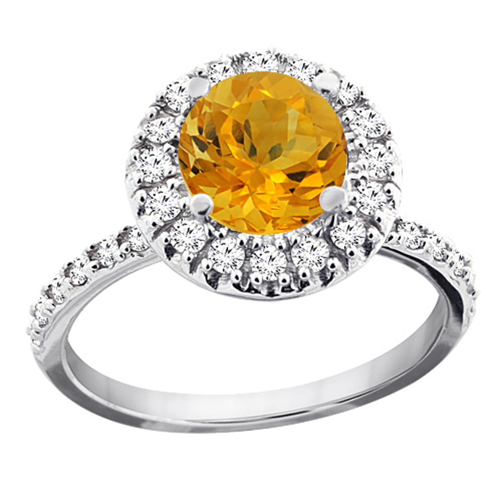 14K White Gold Natural Citrine Ring Round 8mm Floating Halo Diamond, sizes 5 - 10