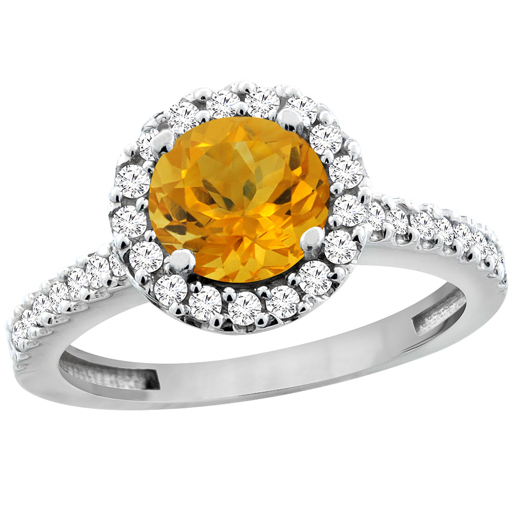 14K White Gold Natural Citrine Ring Round 6mm Floating Halo Diamond, sizes 5 - 10