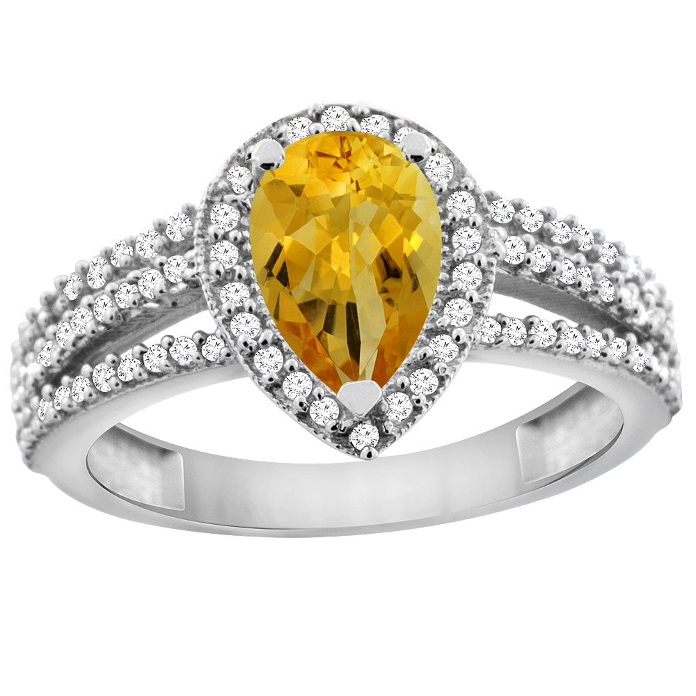 10K White Gold Natural Citrine Ring 9x7 Pear Halo Diamond, sizes 5 - 10