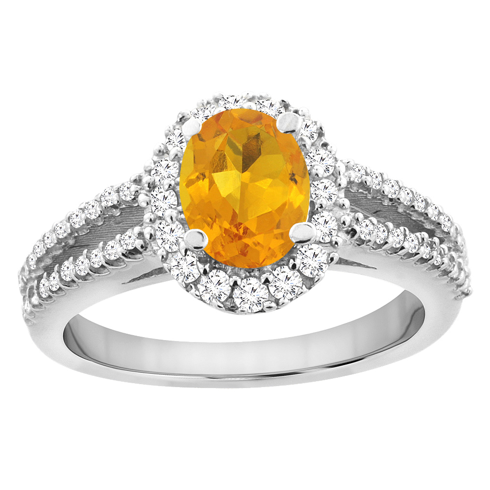 10K White Gold Natural Citrine Split Shank Halo Engagement Ring Oval 7x5 mm, sizes 5 - 10