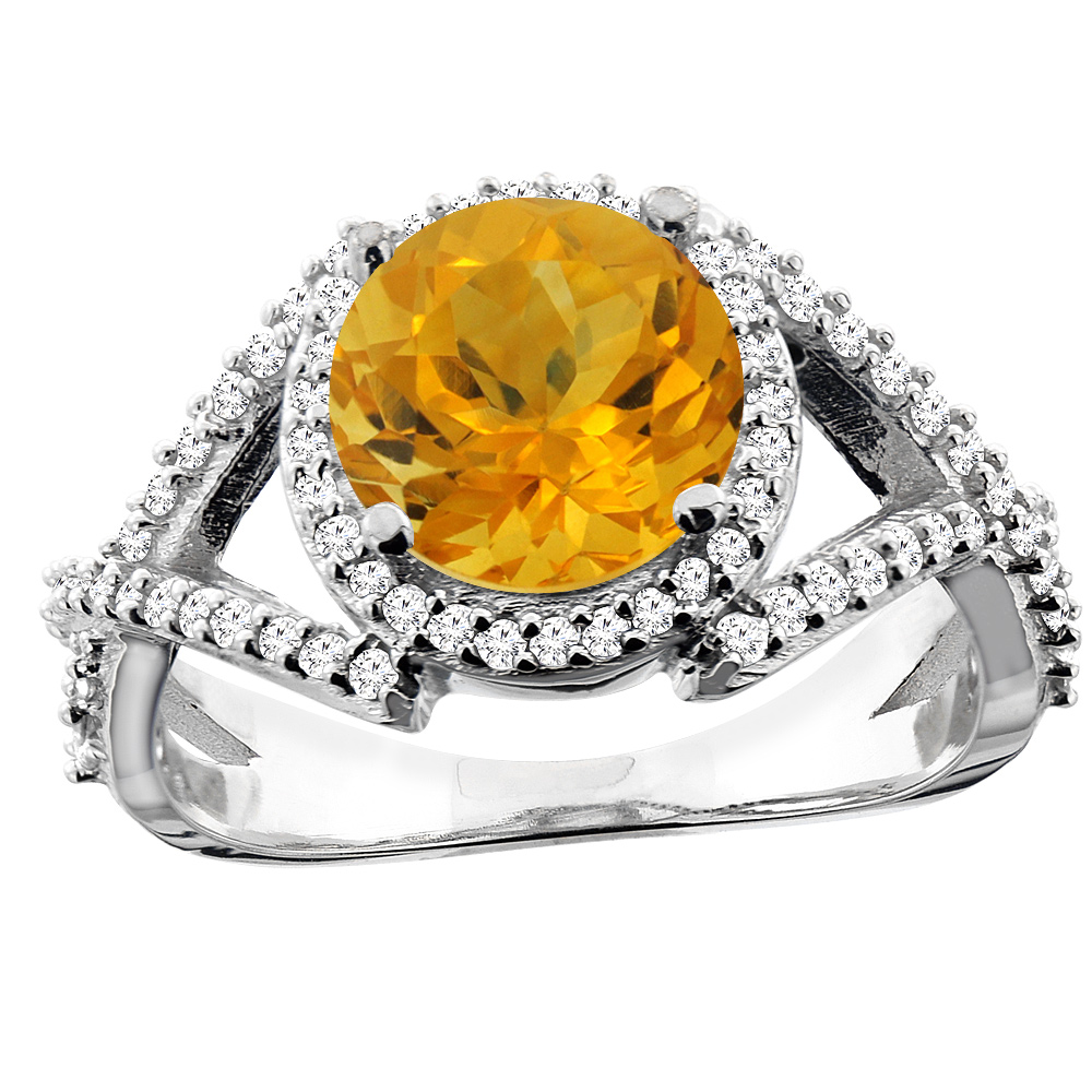 10K White/Yellow/Rose Gold Natural Citrine Ring Round 8mm Diamond Accent, sizes 5 - 10