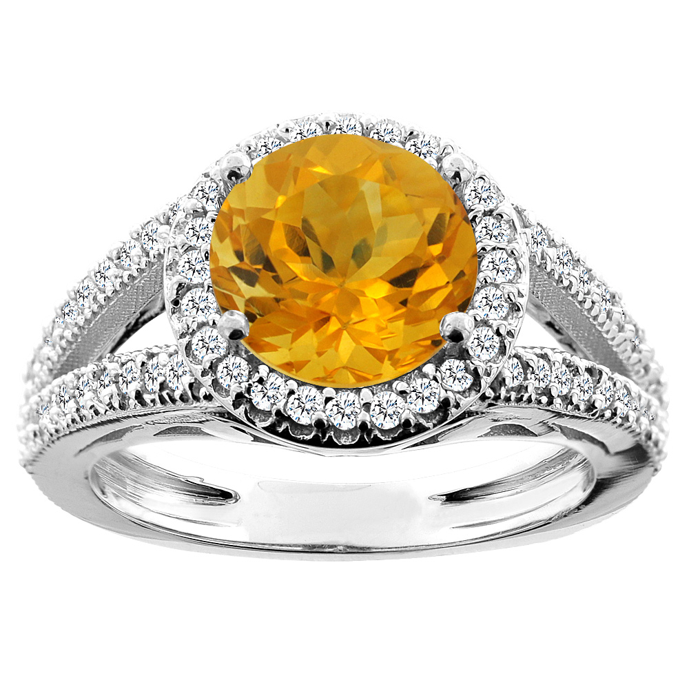 10K White/Yellow/Rose Gold Natural Citrine Ring Round 8mm Diamond Accent, sizes 5 - 10