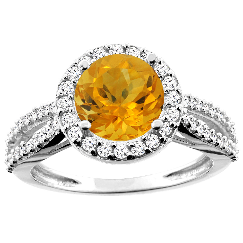 14K White/Yellow/Rose Gold Natural Citrine Ring Round 8mm Diamond Accent, sizes 5 - 10