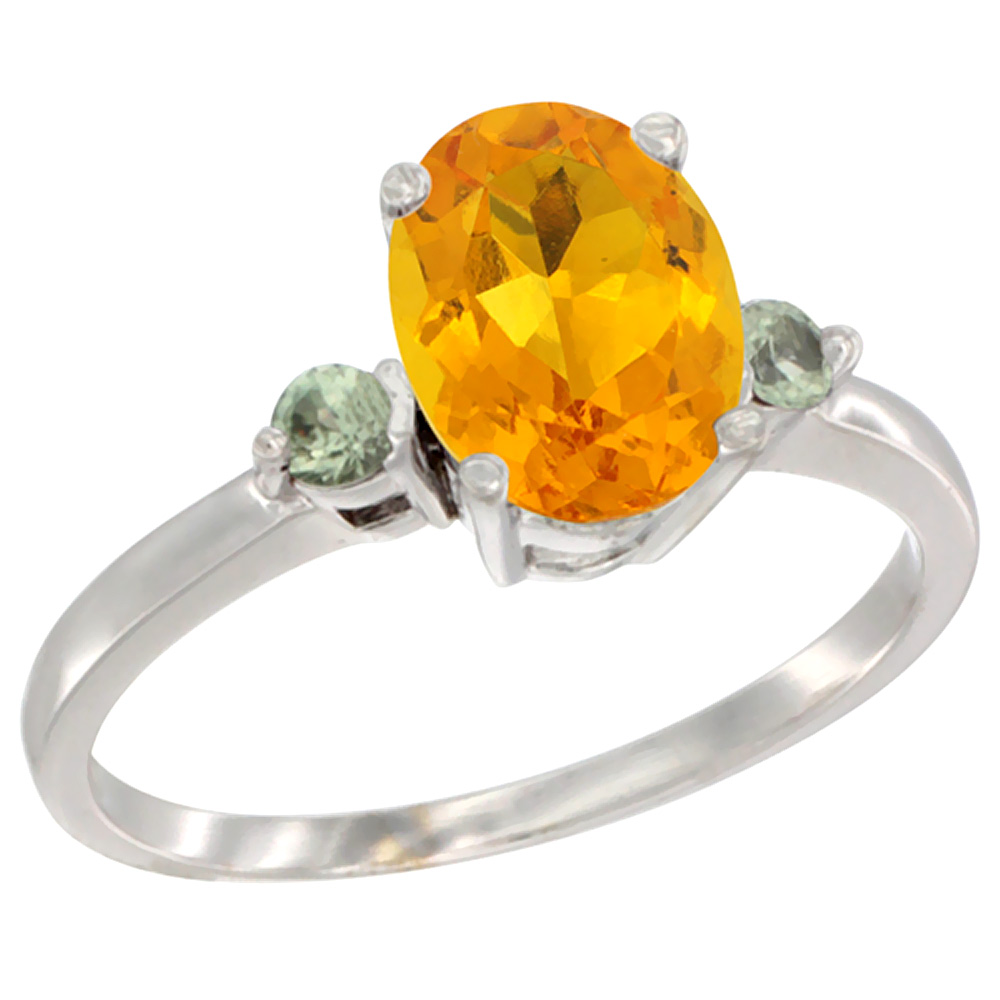 14K White Gold Natural Citrine Ring Oval 9x7 mm Green Sapphire Accent, sizes 5 to 10