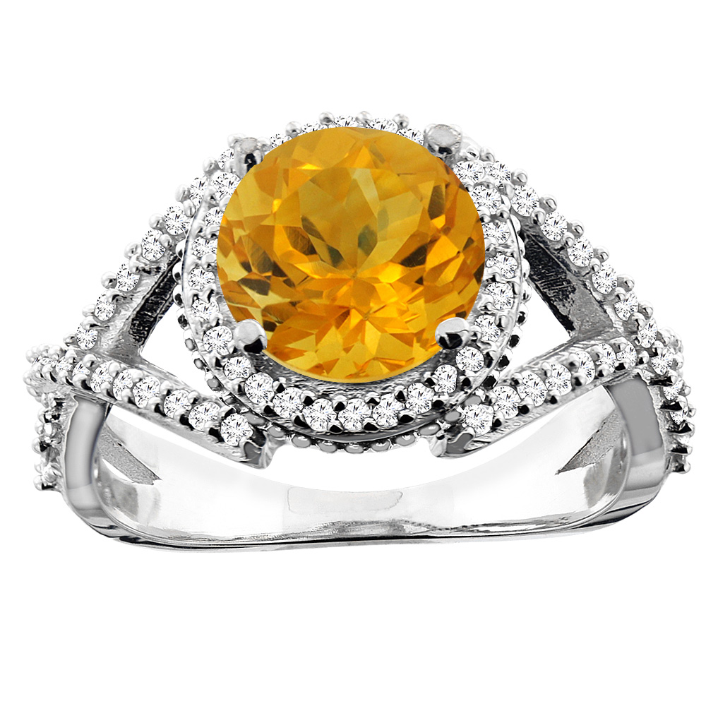 10K White/Yellow/Rose Gold Natural Citrine Ring Round 8mm Diamond Accent, sizes 5 - 10