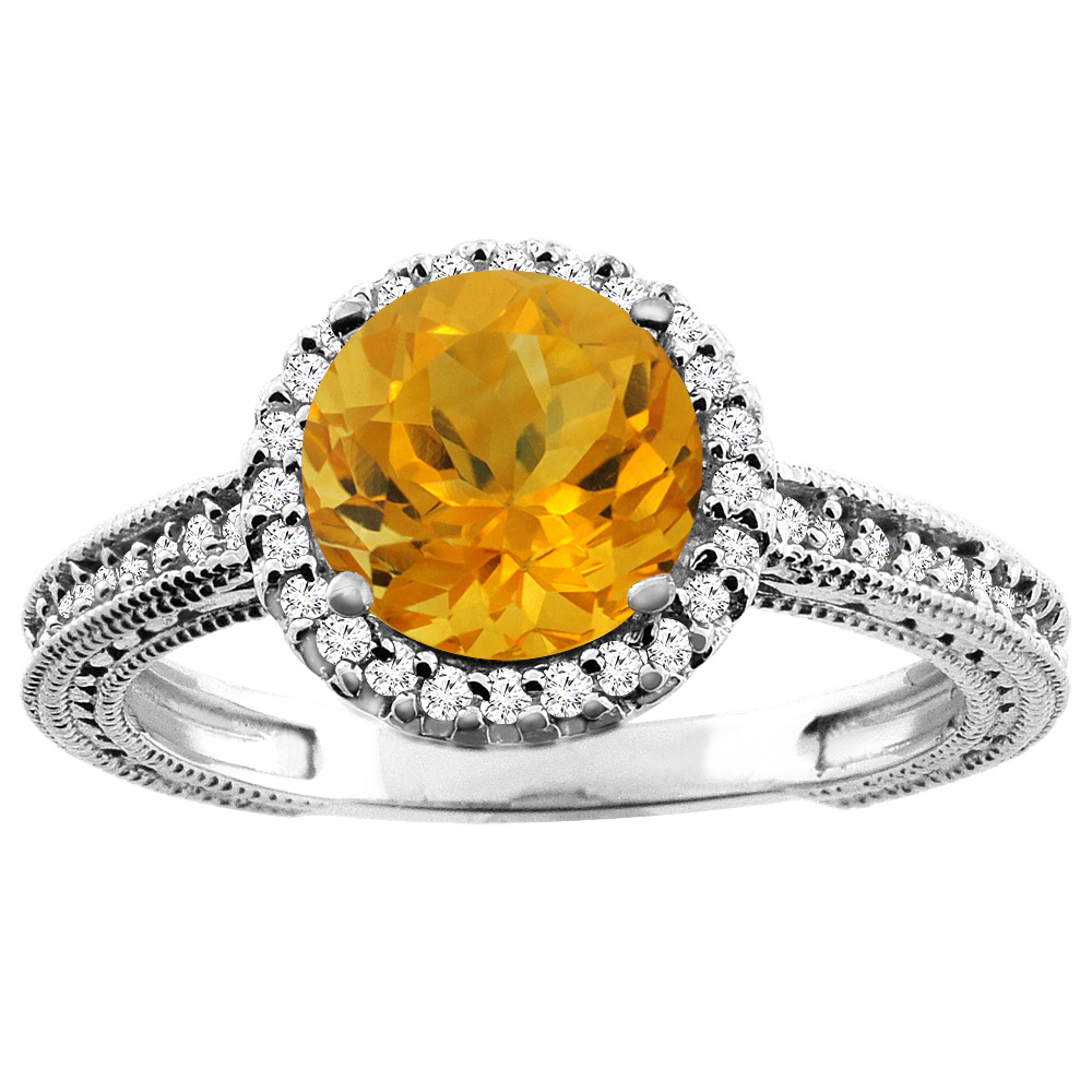 14K White/Yellow/Rose Gold Natural Citrine Ring Round 7mm Diamond Accent, sizes 5 - 10