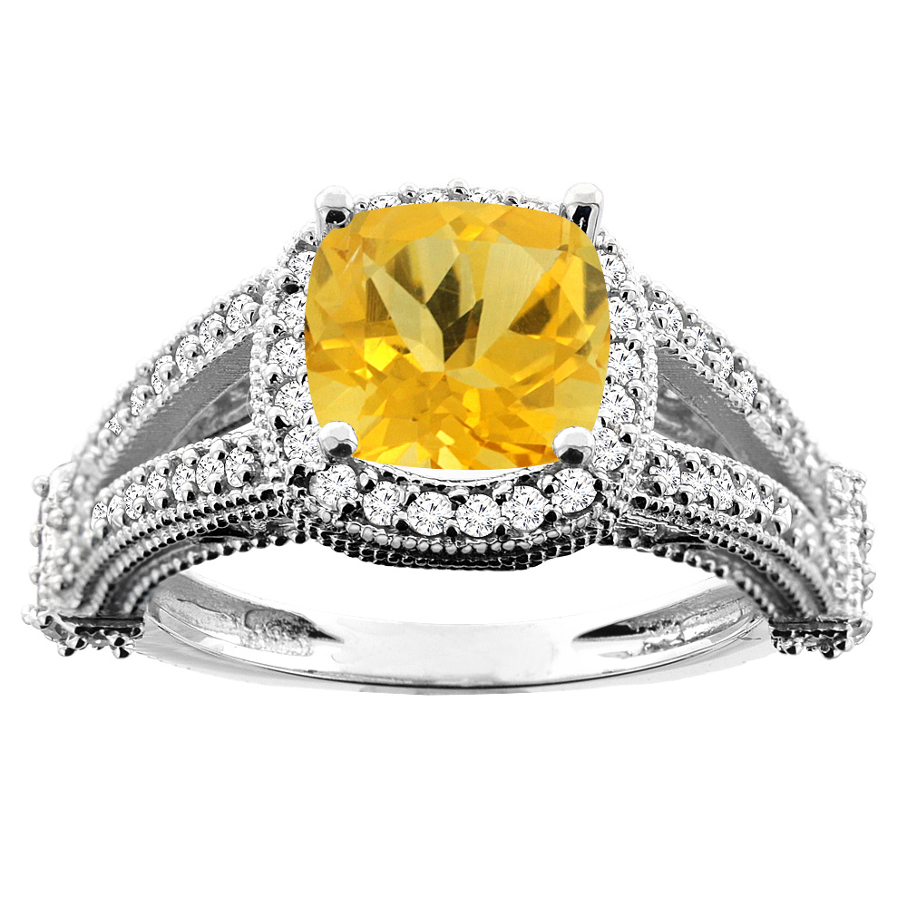 14K White/Yellow/Rose Gold Natural Citrine Split Shank Ring Cushion 7x7mm Diamond Accent, sizes 5 - 10