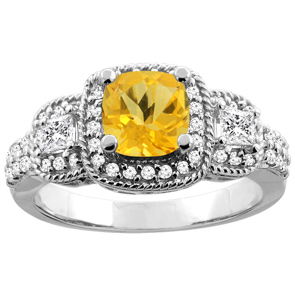 14K Yellow Gold Natural Citrine Ring Cushion-cut 6x6 mm Diamond Accent, sizes 5 - 10