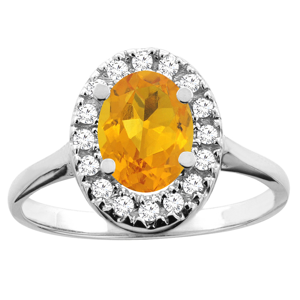 14K White/Yellow Gold Natural Citrine Ring Oval 8x6mm Diamond Accent, sizes 5 - 10