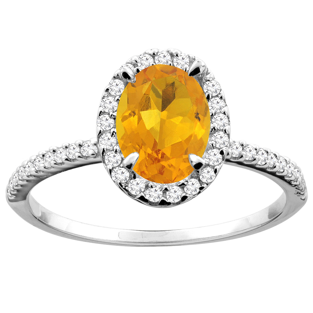 10K White/Yellow Gold Natural Citrine Ring Oval 8x6mm Diamond Accent, sizes 5 - 10