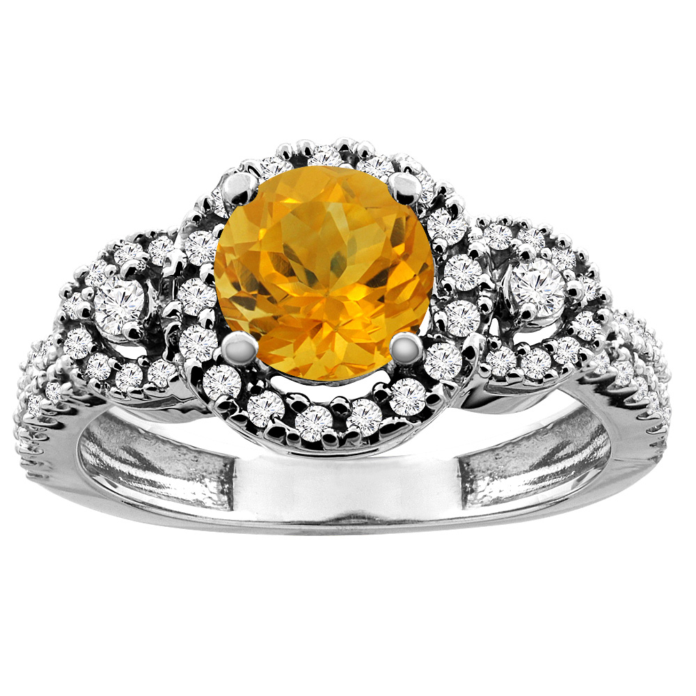 14K White/Yellow Gold Diamond Halo Natural Citrine Ring Round 6mm, sizes 5 - 10