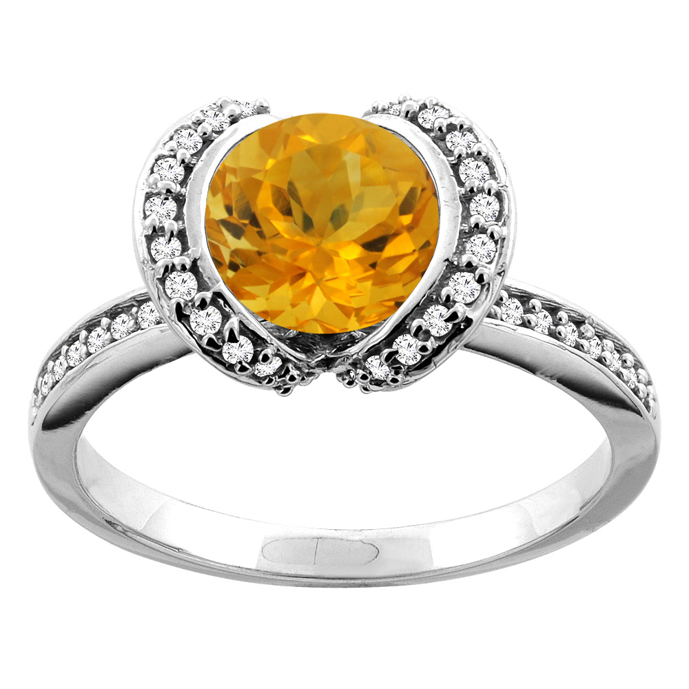 14K White/Yellow Gold Natural Citrine Ring Round 7mm Diamond Accent, sizes 5 - 10