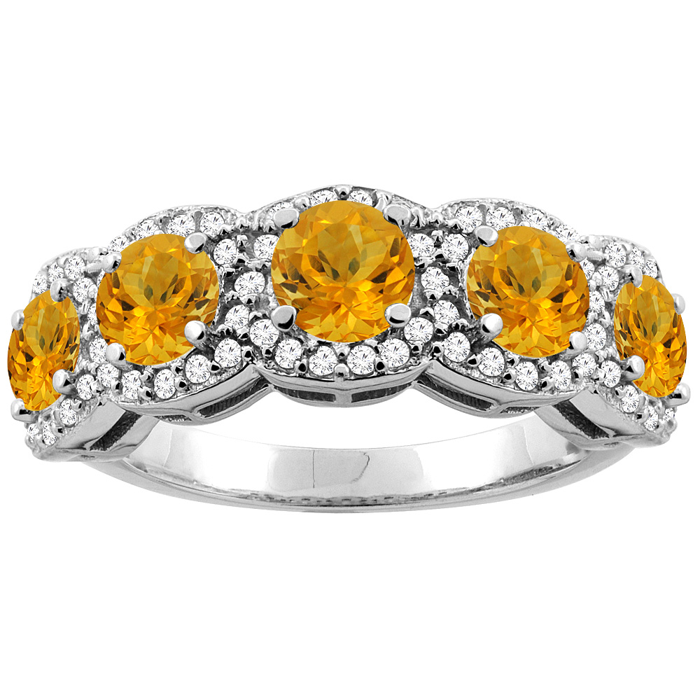 14K Gold Natural Citrine 5-Stone Ring Round 4mm, sizes 5 - 10