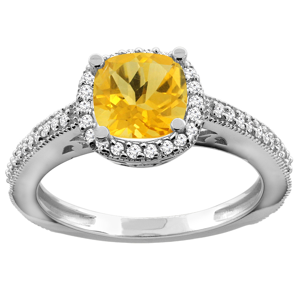 14K Gold Natural Citrine Engagement Ring Diamond Halo Cushion 7mm, sizes 5 - 10