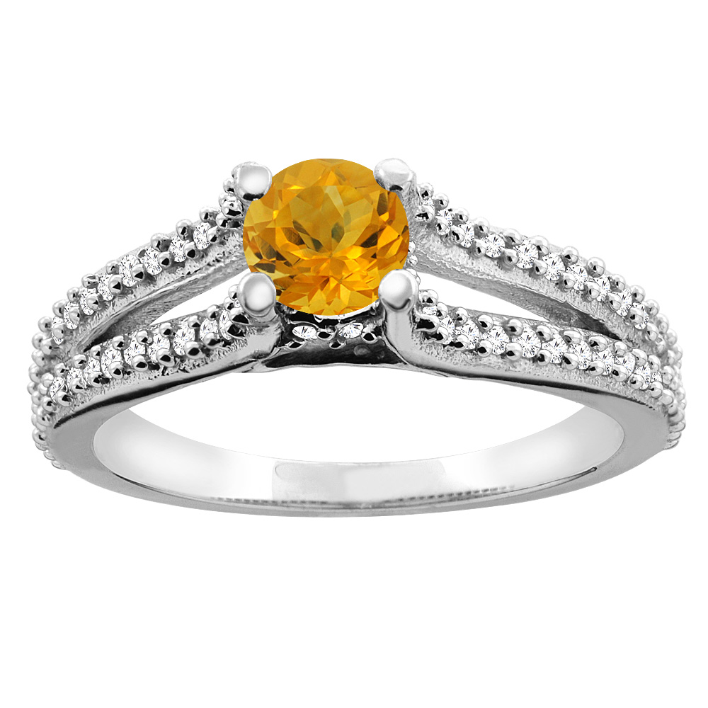 10K White Gold Natural Citrine Engagement Split Shank Ring Round 5mm Diamond Accents, sizes 5 - 10