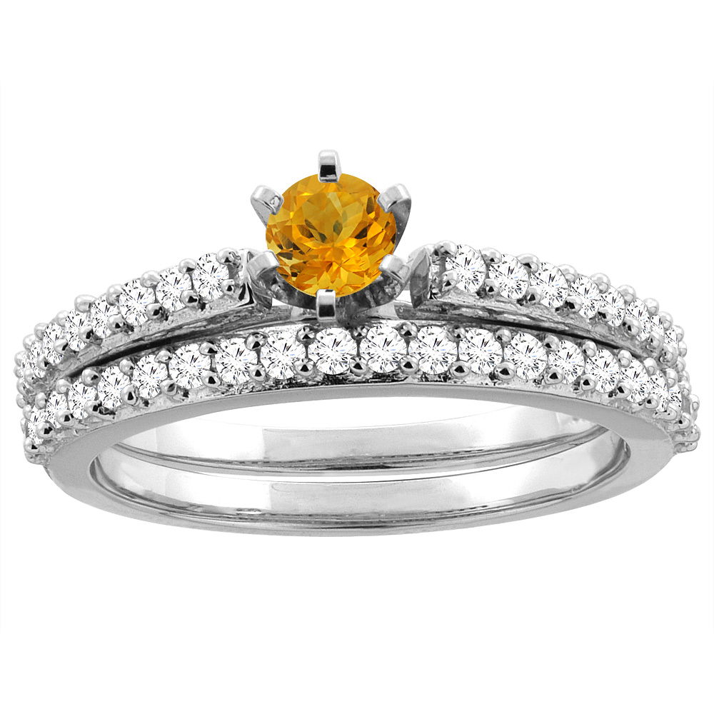 14K White Gold Natural Citrine 2-piece Bridal Ring Set Round 4mm, sizes 5 - 10