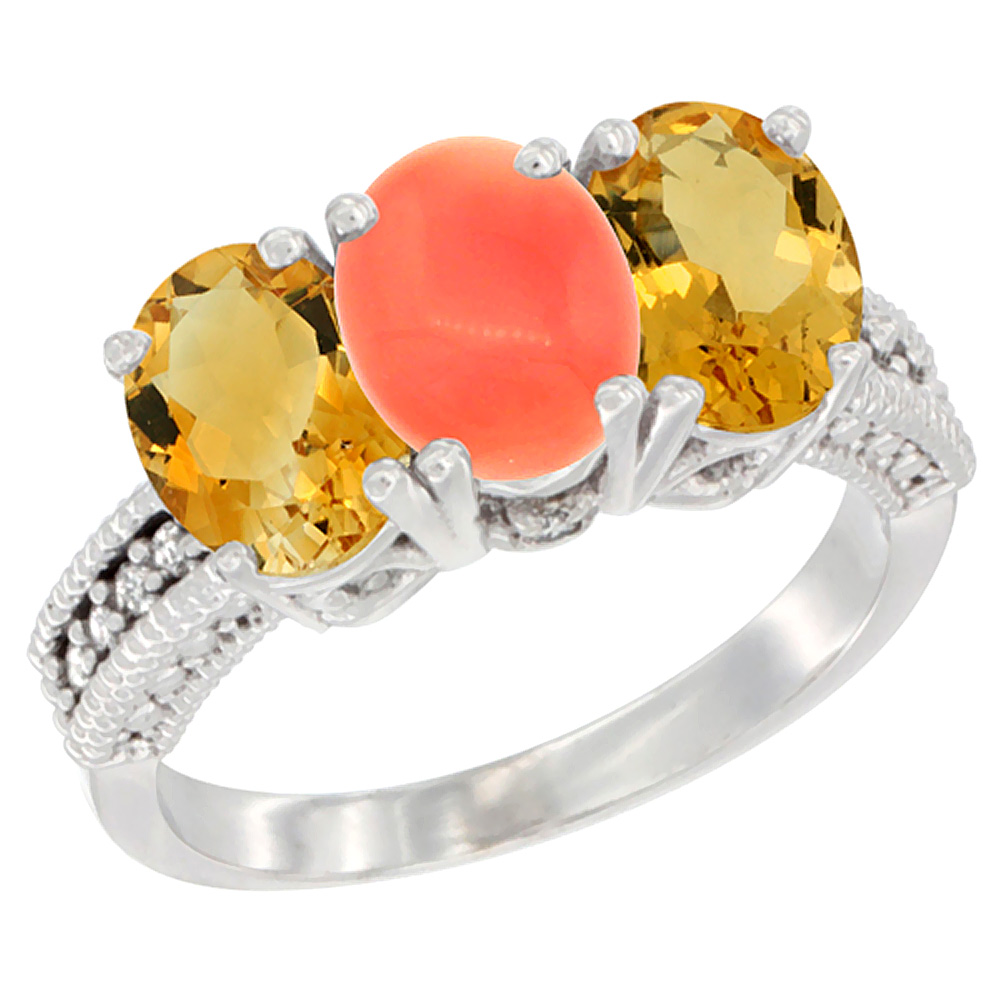 10K White Gold Natural Coral & Citrine Sides Ring 3-Stone Oval 7x5 mm Diamond Accent, sizes 5 - 10