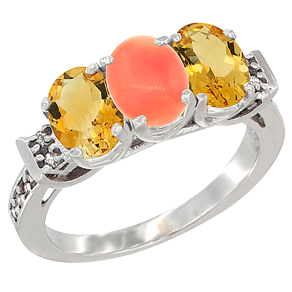 10K White Gold Natural Coral &amp; Citrine Sides Ring 3-Stone Oval 7x5 mm Diamond Accent, sizes 5 - 10