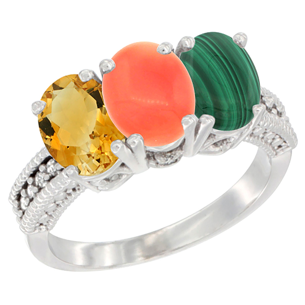 10K White Gold Natural Citrine, Coral &amp; Malachite Ring 3-Stone Oval 7x5 mm Diamond Accent, sizes 5 - 10