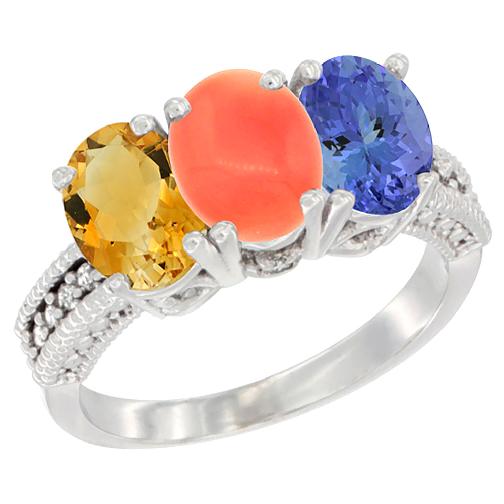 14K White Gold Natural Citrine, Coral & Tanzanite Ring 3-Stone 7x5 mm Oval Diamond Accent, sizes 5 - 10