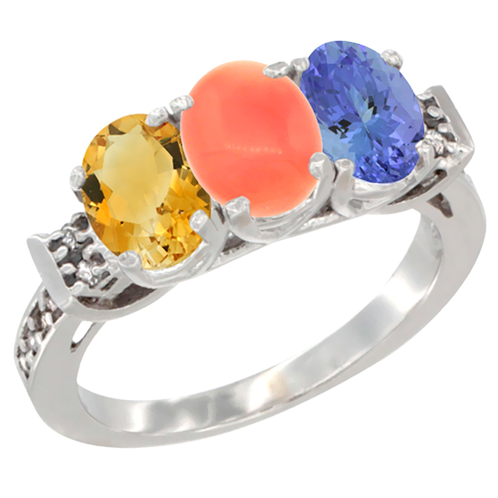 10K White Gold Natural Citrine, Coral & Tanzanite Ring 3-Stone Oval 7x5 mm Diamond Accent, sizes 5 - 10