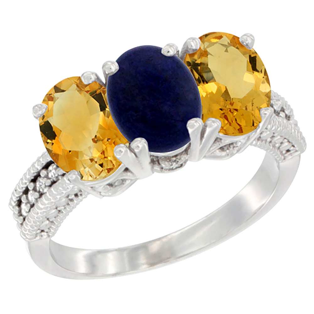 14K White Gold Natural Lapis & Citrine Sides Ring 3-Stone 7x5 mm Oval Diamond Accent, sizes 5 - 10