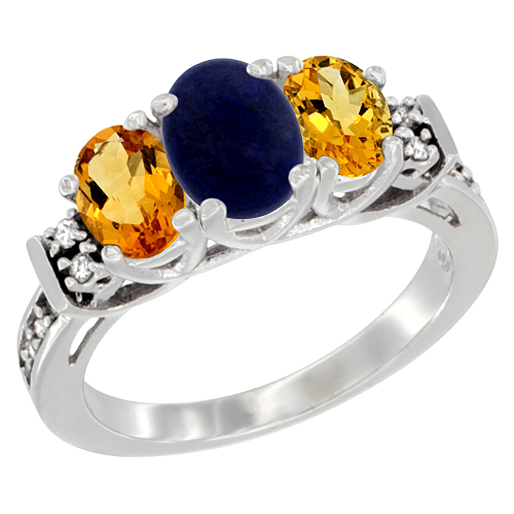 14K White Gold Natural Lapis & Citrine Ring 3-Stone Oval Diamond Accent, sizes 5-10