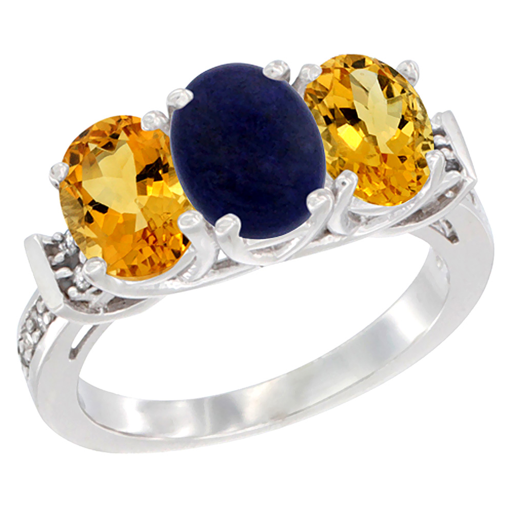 14K White Gold Natural Lapis & Citrine Sides Ring 3-Stone Oval Diamond Accent, sizes 5 - 10