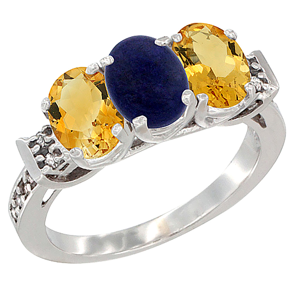 10K White Gold Natural Lapis & Citrine Sides Ring 3-Stone Oval 7x5 mm Diamond Accent, sizes 5 - 10