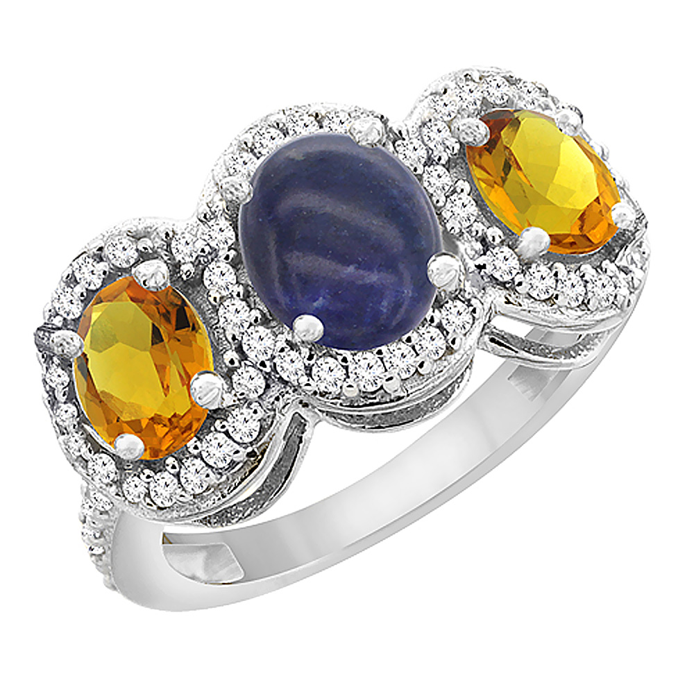 14K White Gold Natural Lapis & Citrine 3-Stone Ring Oval Diamond Accent, sizes 5 - 10