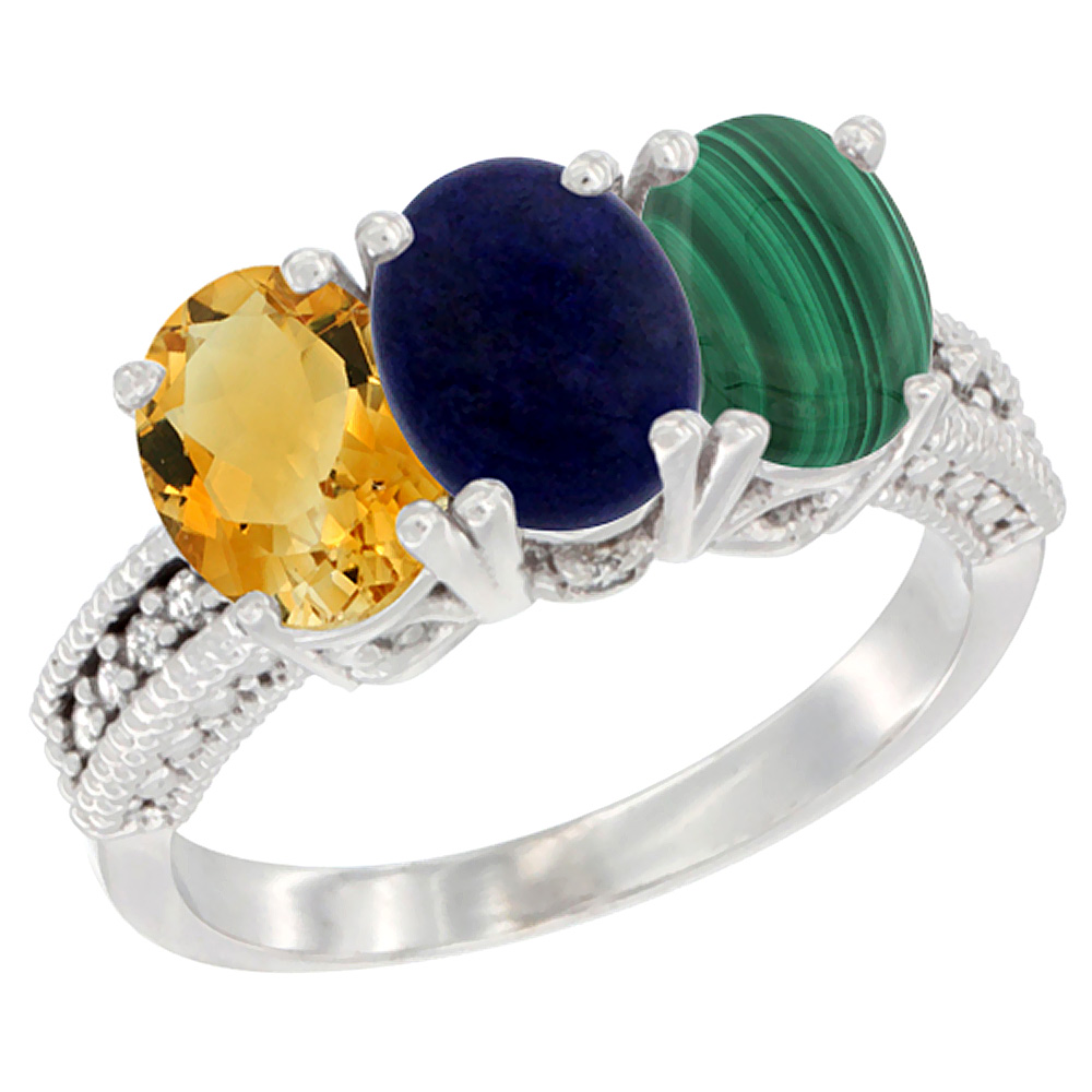 10K White Gold Natural Citrine, Lapis & Malachite Ring 3-Stone Oval 7x5 mm Diamond Accent, sizes 5 - 10