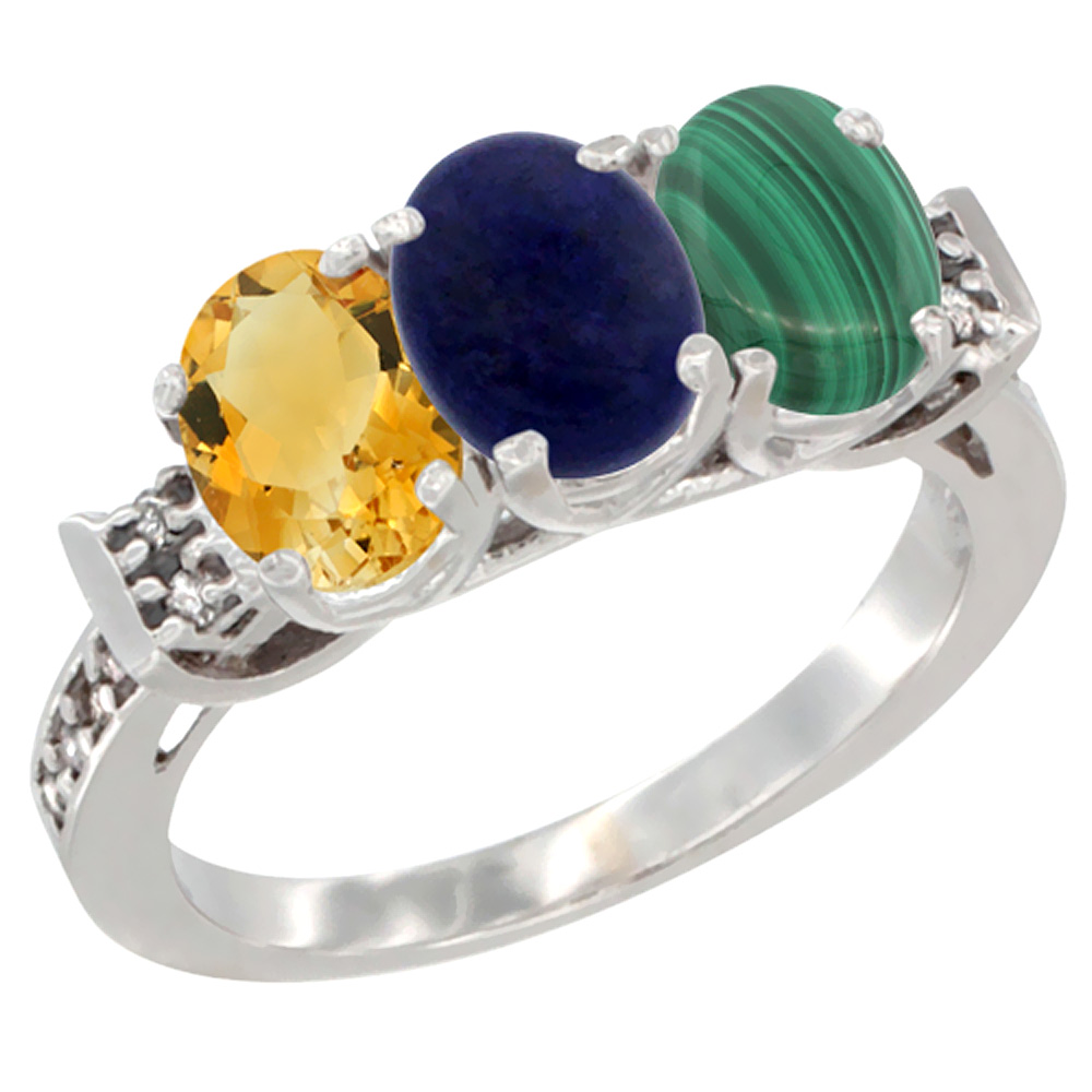 14K White Gold Natural Citrine, Lapis & Malachite Ring 3-Stone 7x5 mm Oval Diamond Accent, sizes 5 - 10