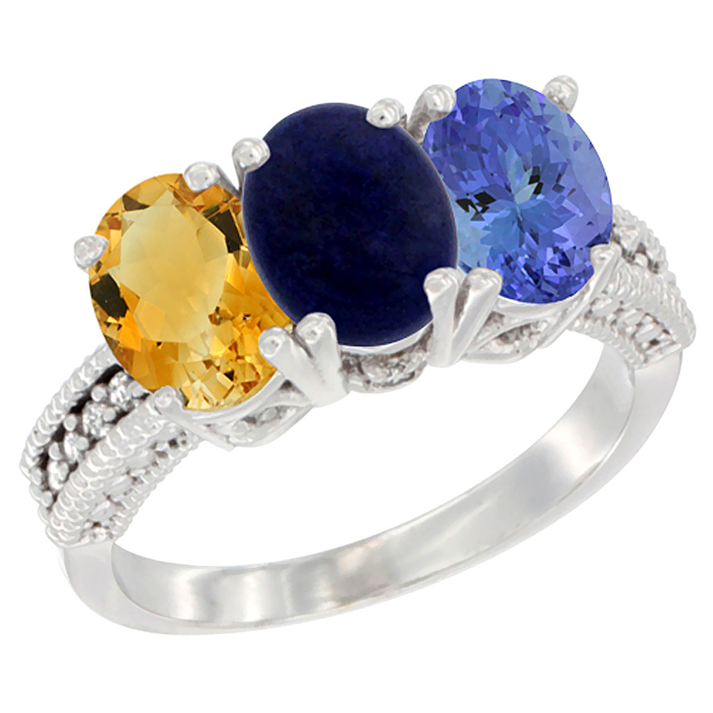 14K White Gold Natural Citrine, Lapis & Tanzanite Ring 3-Stone 7x5 mm Oval Diamond Accent, sizes 5 - 10