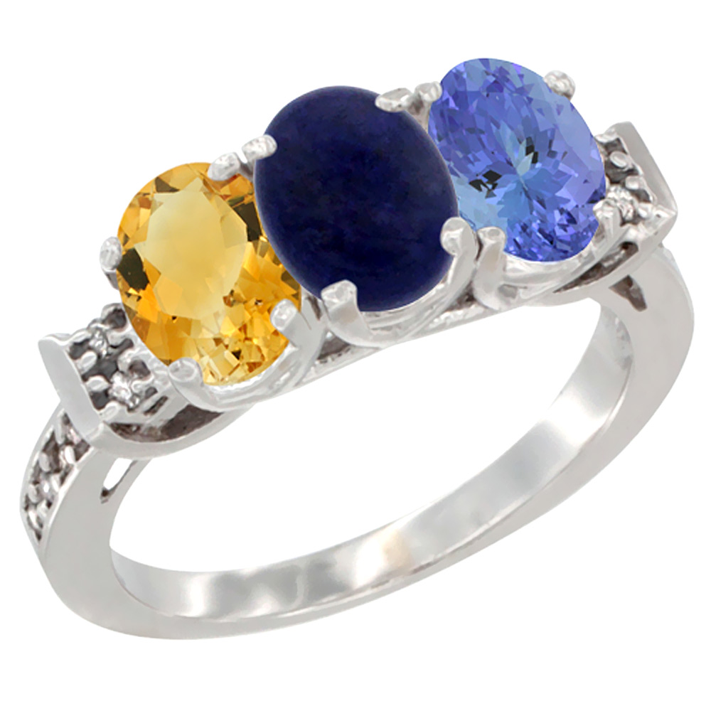 14K White Gold Natural Citrine, Lapis & Tanzanite Ring 3-Stone 7x5 mm Oval Diamond Accent, sizes 5 - 10