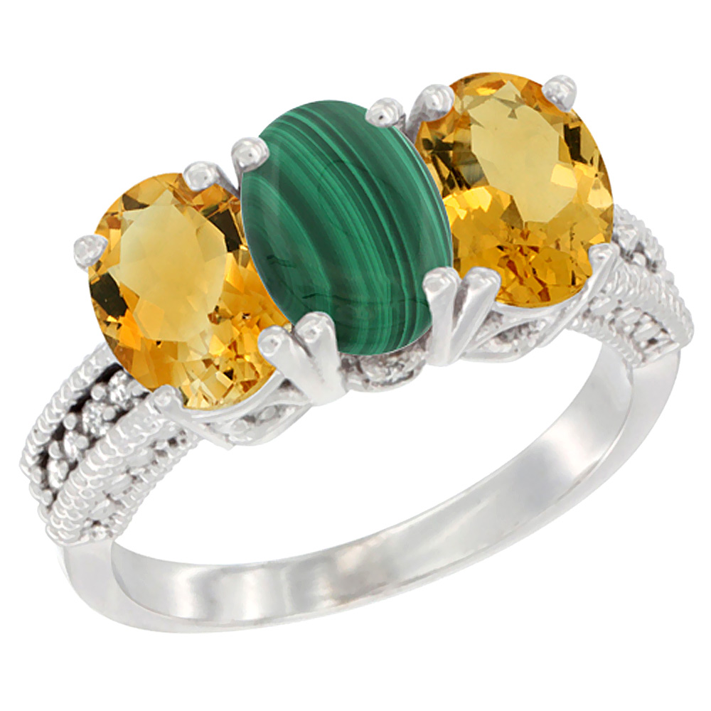 14K White Gold Natural Malachite & Citrine Sides Ring 3-Stone 7x5 mm Oval Diamond Accent, sizes 5 - 10