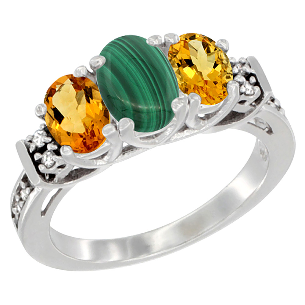 14K White Gold Natural Malachite & Citrine Ring 3-Stone Oval Diamond Accent, sizes 5-10