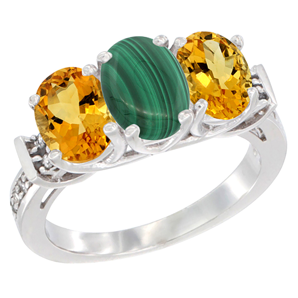 14K White Gold Natural Malachite & Citrine Sides Ring 3-Stone Oval Diamond Accent, sizes 5 - 10