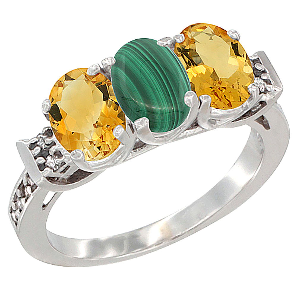 14K White Gold Natural Malachite & Citrine Sides Ring 3-Stone 7x5 mm Oval Diamond Accent, sizes 5 - 10